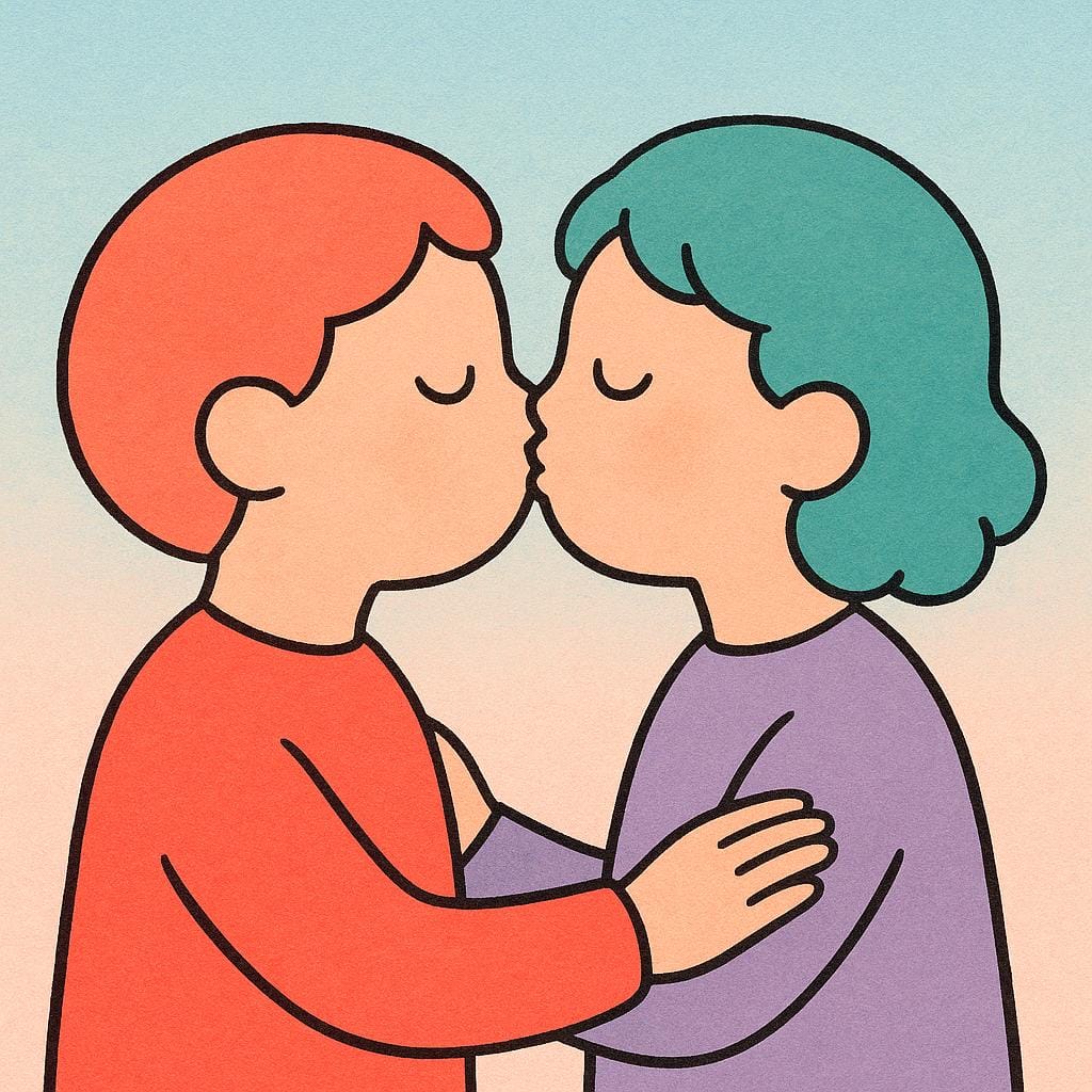 Une illustration de livre d'histoires coloré montrant deux personnages ronds et stylisés se penchant l'un vers l'autre, partageant un baiser tendre.