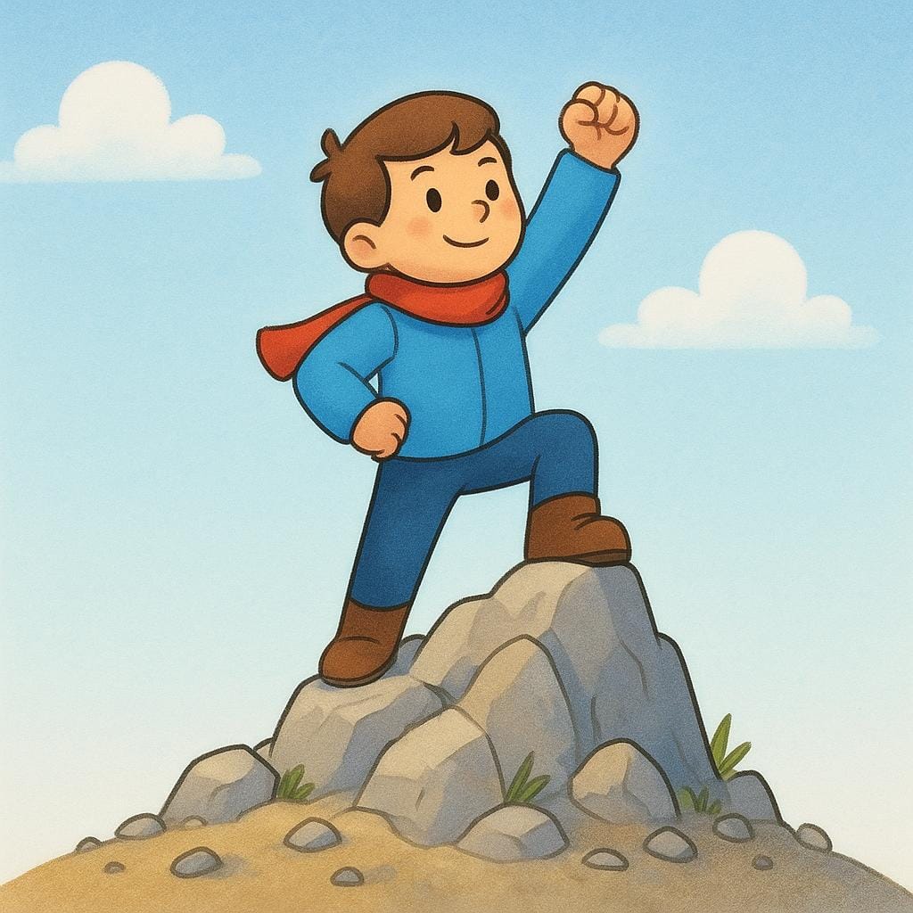 Um personagem determinado em pé triunfantemente na borda superior de um muro ou pequeno penhasco, ilustrando o sucesso após superar um desafio.