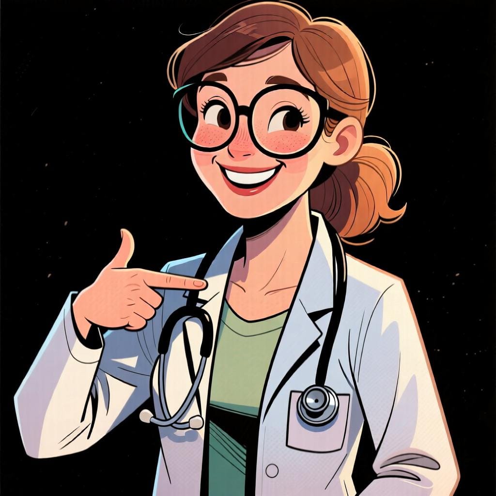 A friendly doctor with a stethoscope pointing to herself with a smile, representing the use of 'ser' for professions and identity.