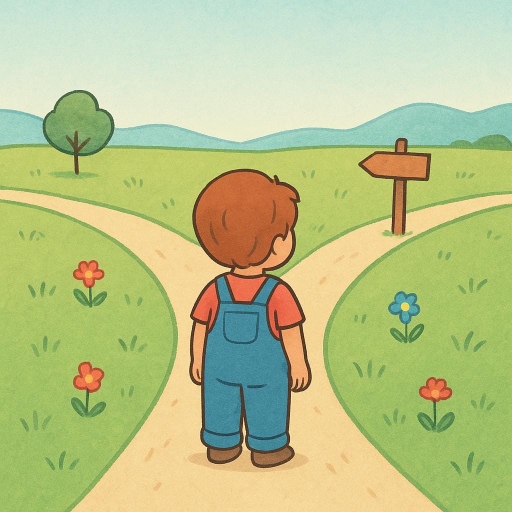 A simple storybook illustration of a small child standing at a clear fork in a grassy path, looking down one direction, symbolizing potential and choice.