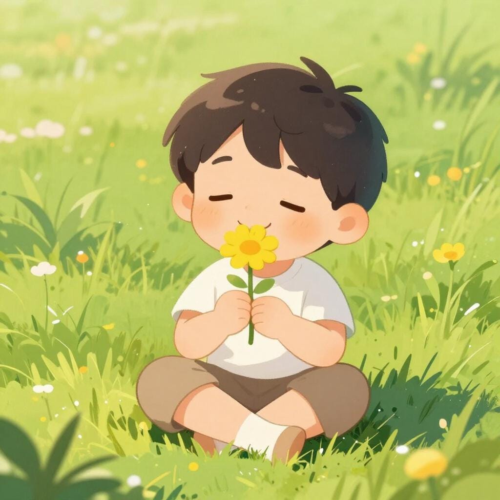 Uma criança feliz em um prado ensolarado sorrindo enquanto cheira uma flor amarela brilhante.