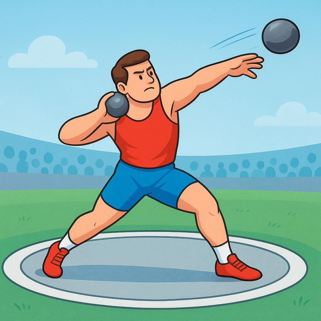 An illustration of an athlete executing a powerful shot put throw in a circular ring.