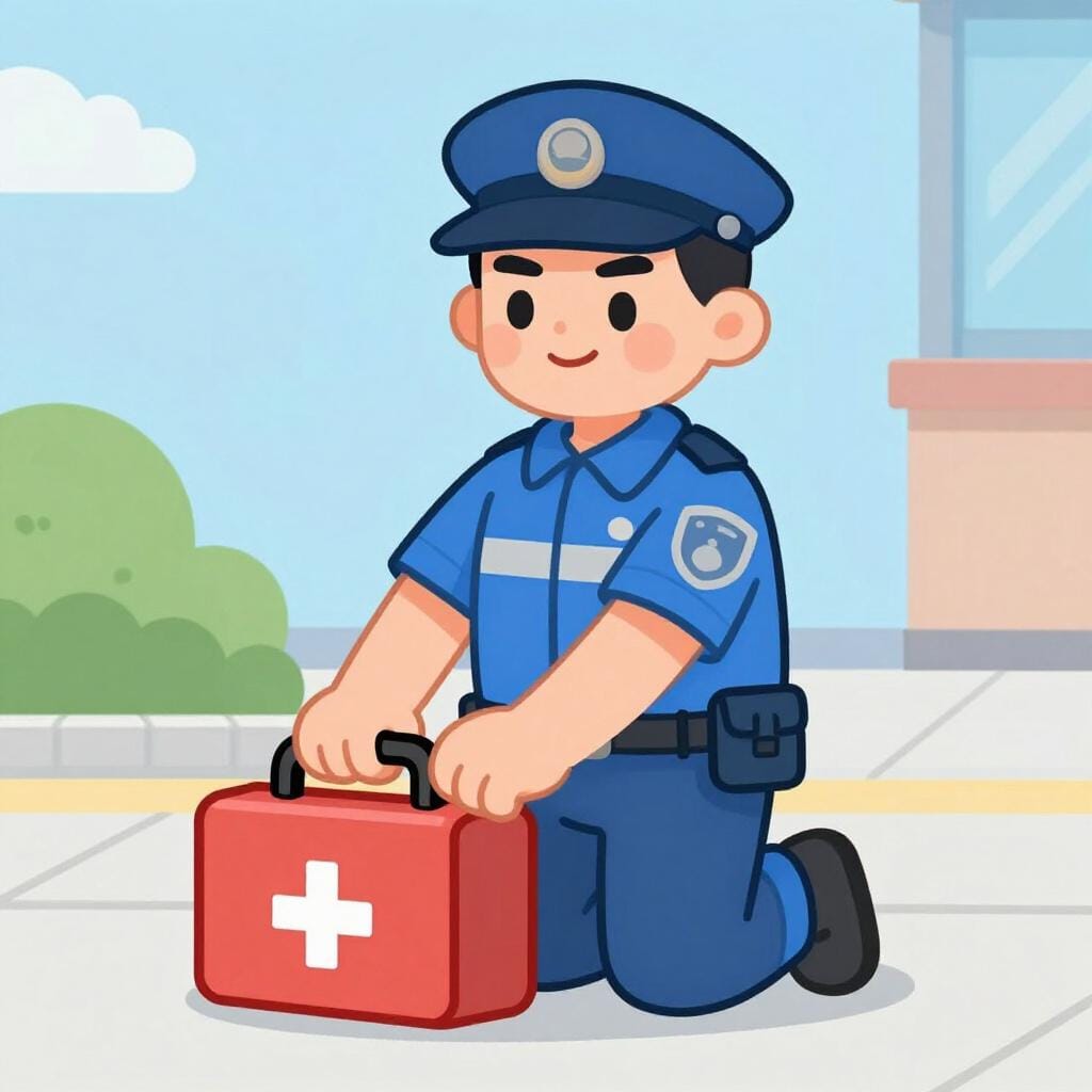 A friendly emergency medical professional in a blue uniform kneeling down to help someone.