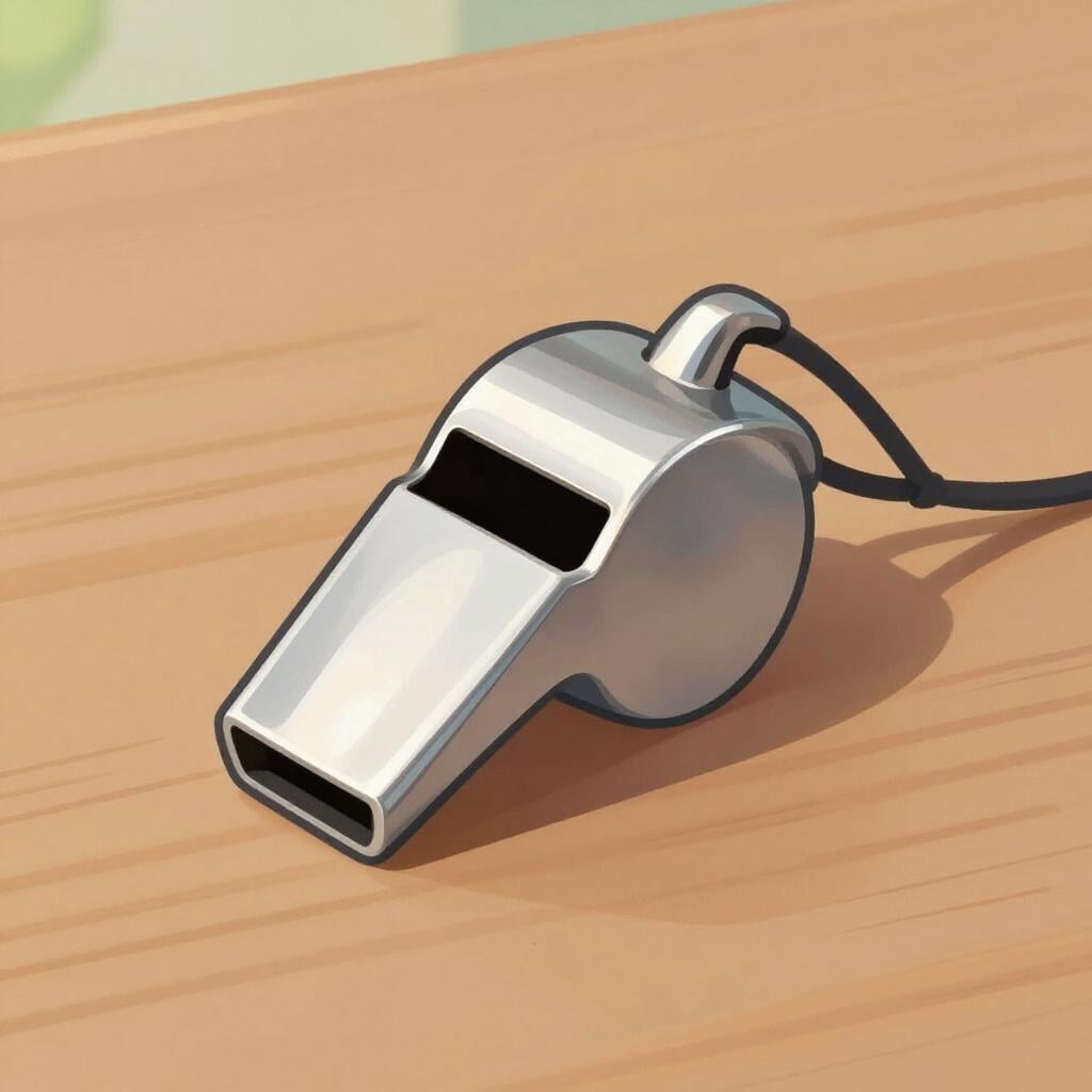 A shiny silver metal whistle with a black lanyard resting on a smooth wooden surface.