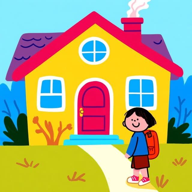 Una persona piccola con uno zaino in piedi felicemente davanti alla porta di una casa accogliente e colorata, a simboleggiare la fine di un viaggio.