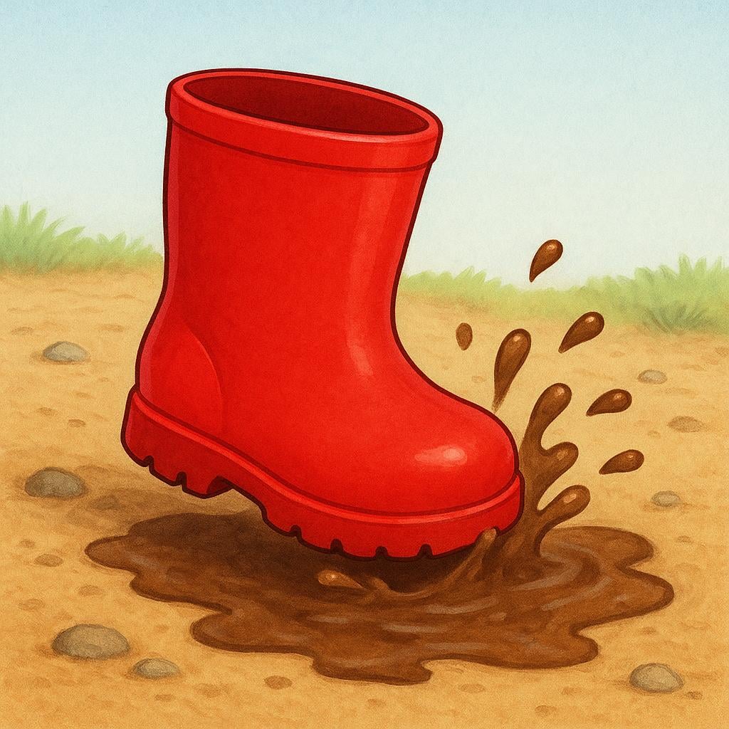 A vibrant red rubber boot stepping firmly into a mud puddle on a dirt path, showing its usefulness in wet conditions.