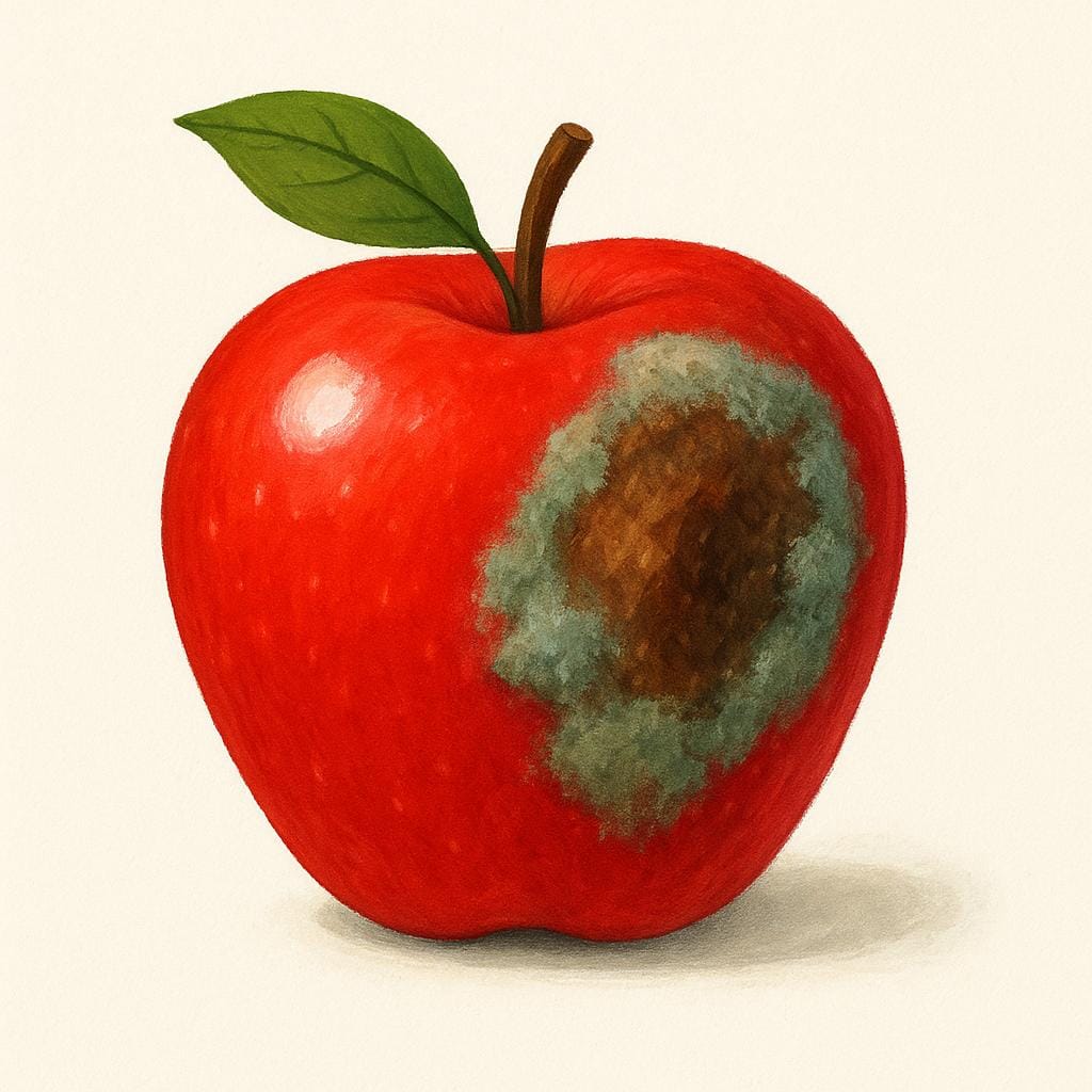 A bright red apple that has a large, visible patch of brown rot and mold on one side, illustrating poor quality.