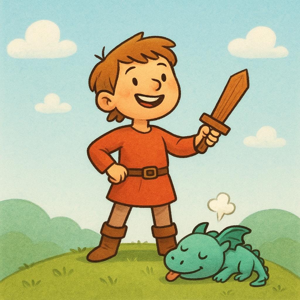 A colorful storybook illustration showing a young adventurer standing triumphantly over a small, cartoonishly defeated, non-threatening monster, holding a simple wooden sword.