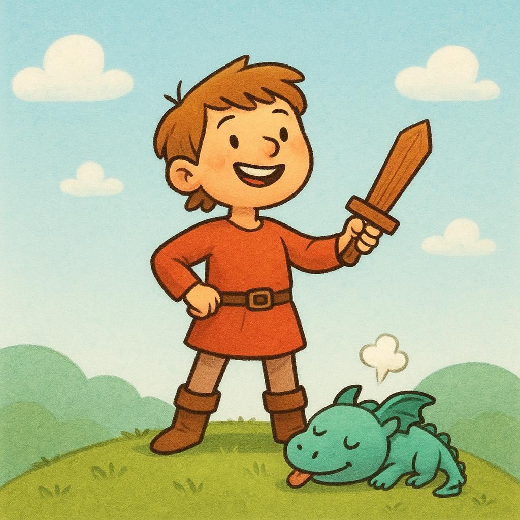 A colorful storybook illustration showing a young adventurer standing triumphantly over a small, cartoonishly defeated, non-threatening monster, holding a simple wooden sword.