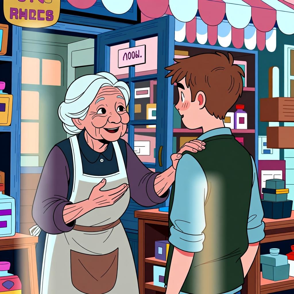 An older, kind-looking shopkeeper speaking warmly to a younger man, patting him on the shoulder.