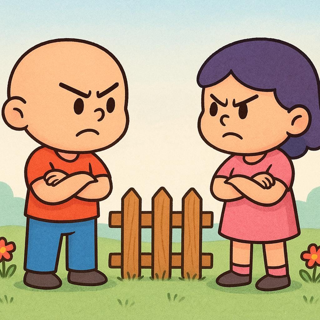 Two stylized cartoon characters standing on opposite sides of a short fence, staring at each other with expressions of opposition.