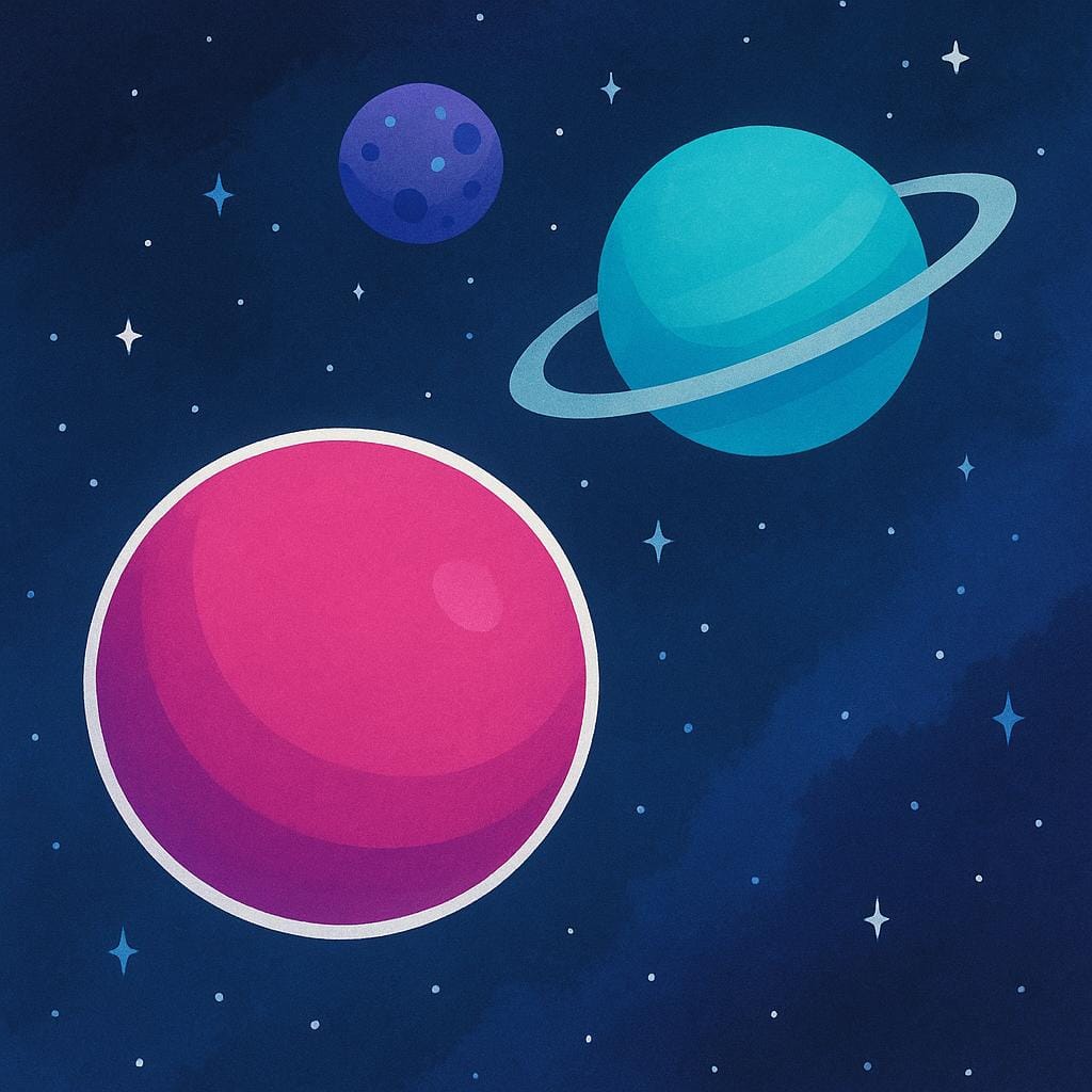 Une illustration simple montrant trois planètes distinctes et colorées flottant dans l'obscurité de l'espace.