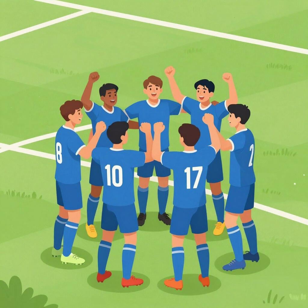 Ein Fußballteam in blauen Uniformen jubelt gemeinsam auf einem leuchtend grünen Feld.