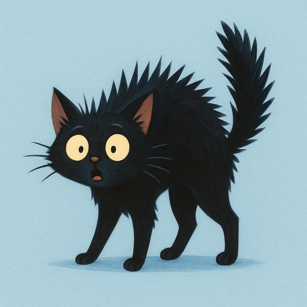 A fluffy black cat with its back arched and its fur standing straight up in fear.