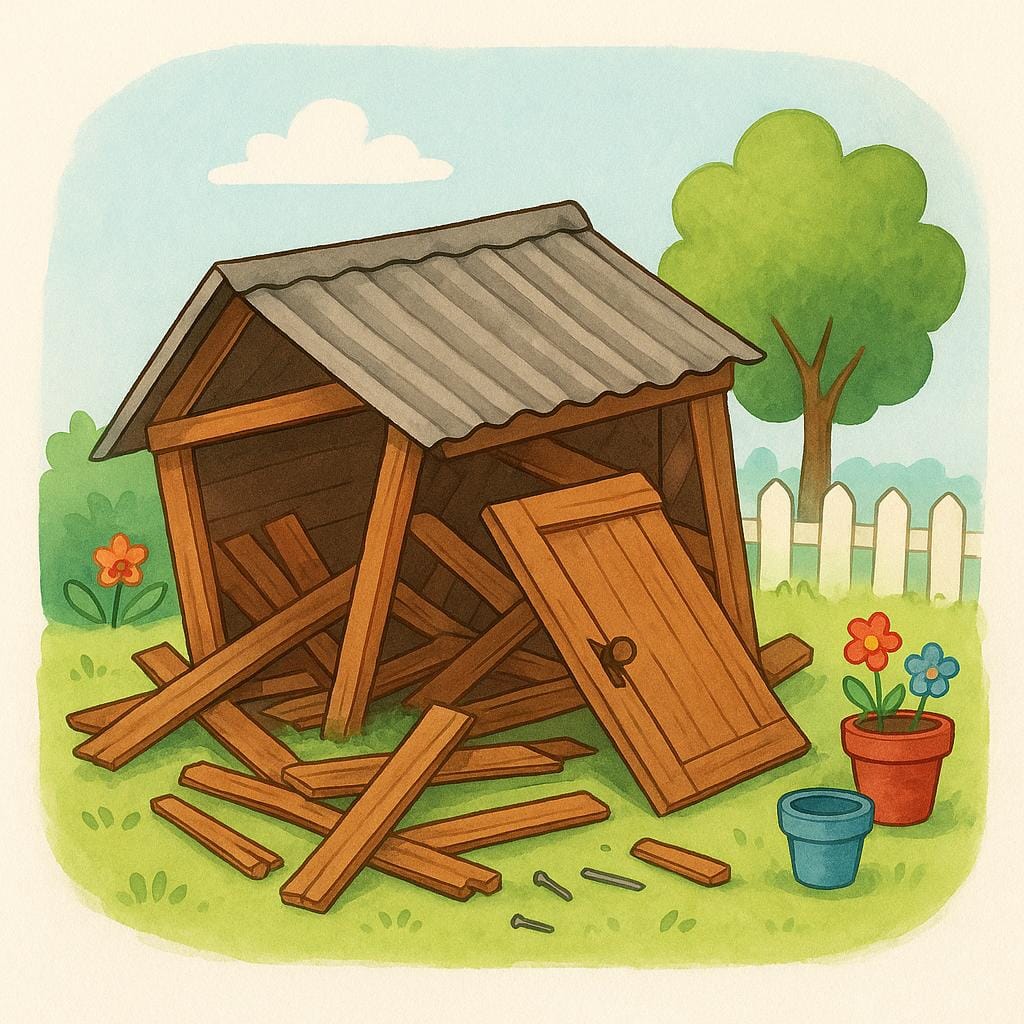 A wooden shed that has completely collapsed into a pile of broken planks and debris.
