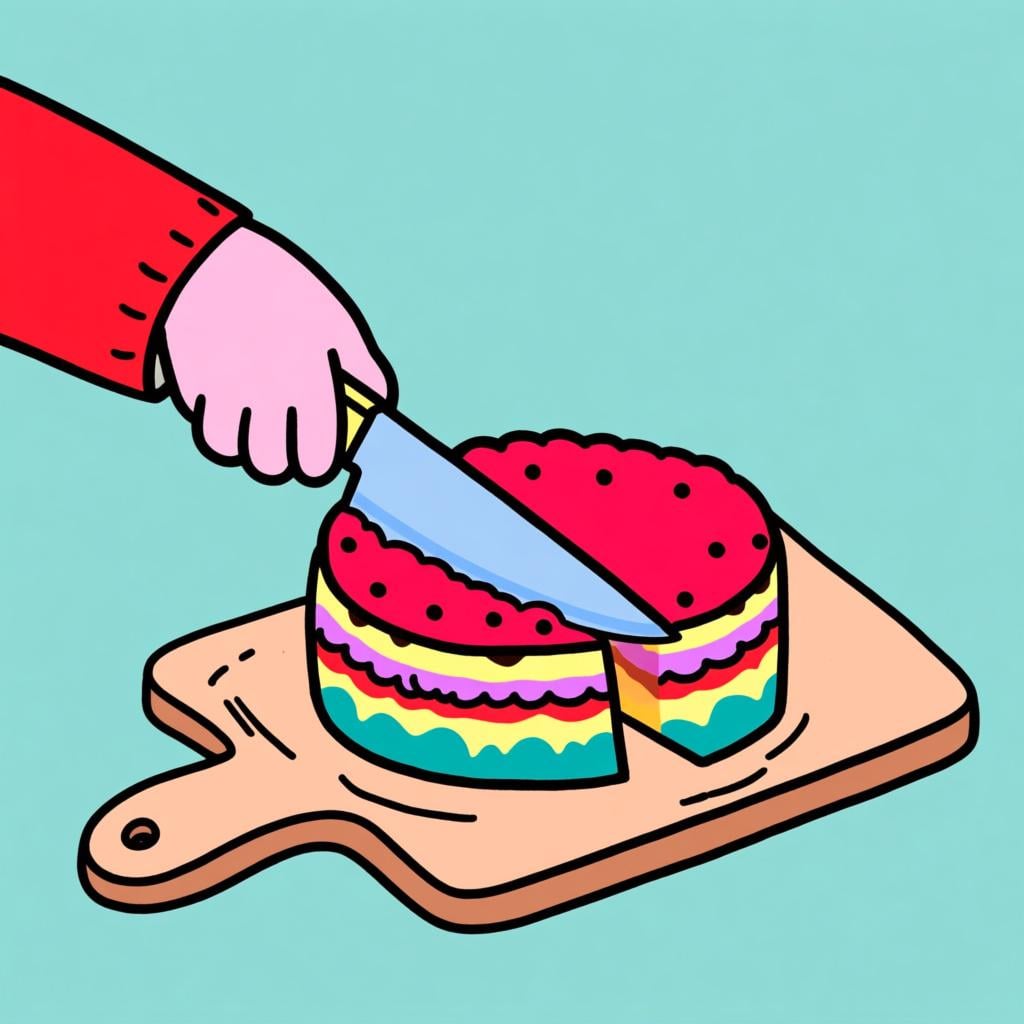 A cartoon hand cutting a round, colorful cake into two perfectly equal halves with a knife.