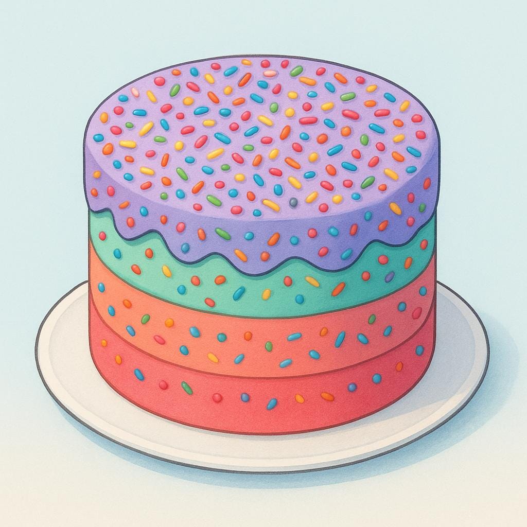 A brightly decorated, multi-layered birthday cake sitting on a simple pedestal.