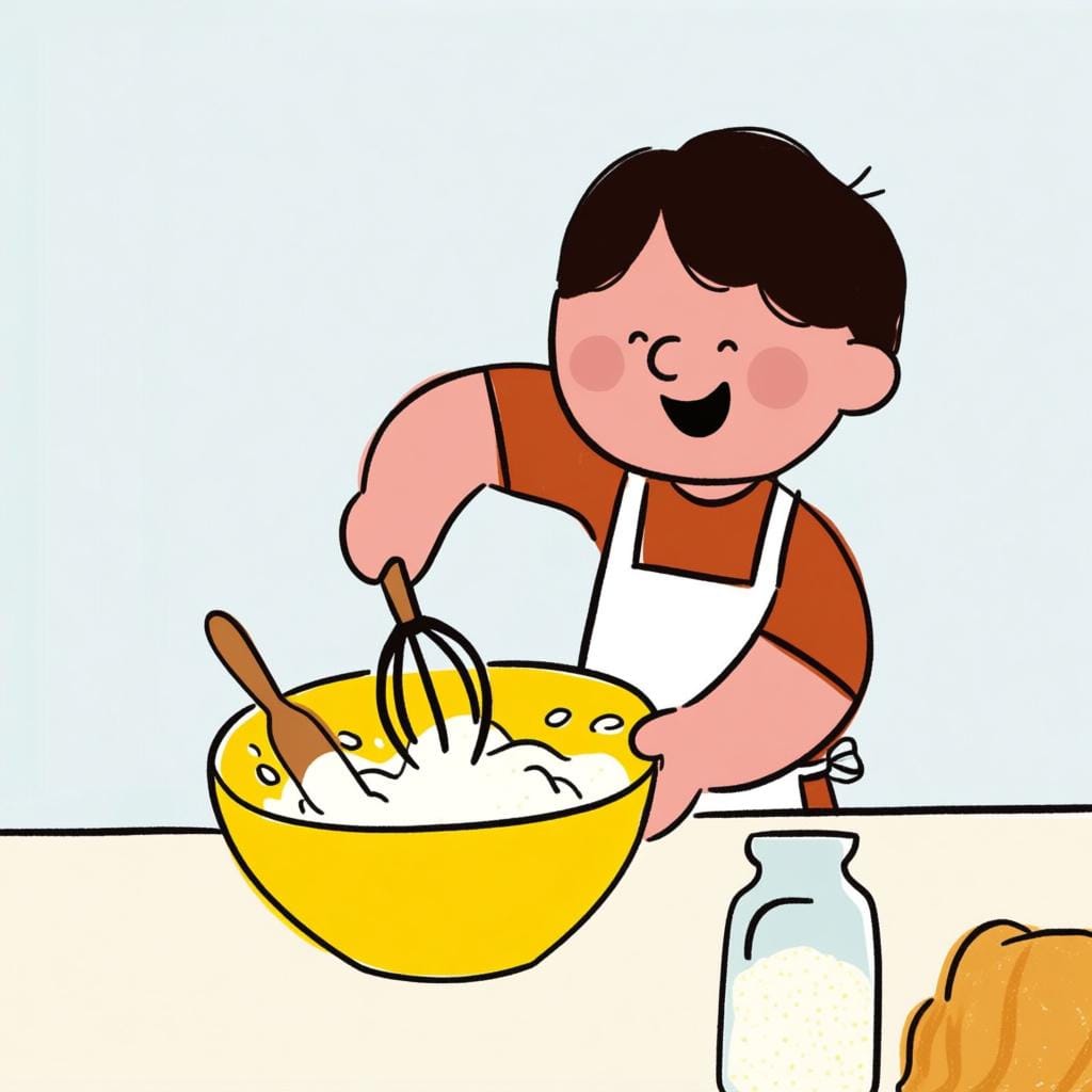 Um jovem chef de avental misturando ingredientes ativamente em uma tigela grande, demonstrando a ação de criar algo.