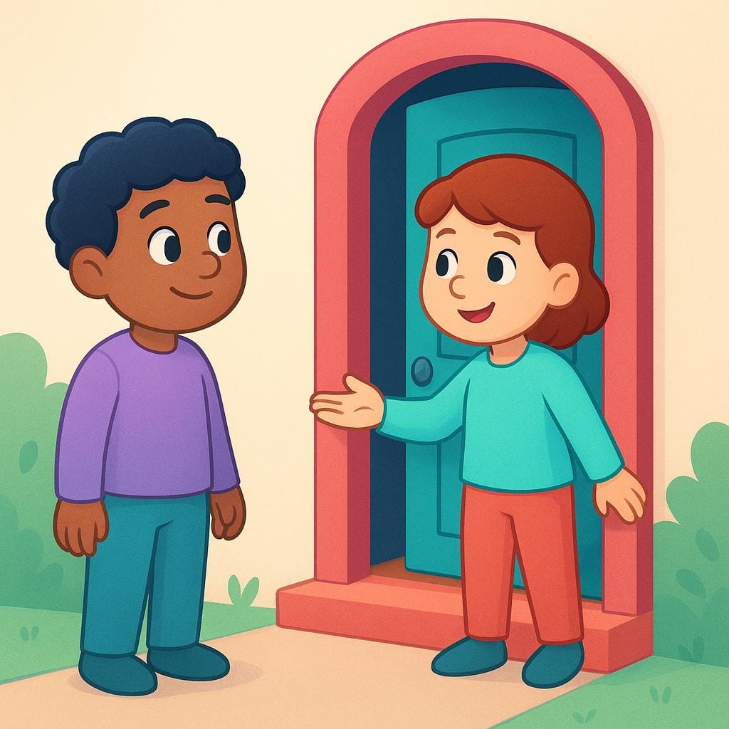Two friendly cartoon characters stand outside a brightly colored doorway. One character holds the door slightly ajar and looks back at the other, inviting them inside.