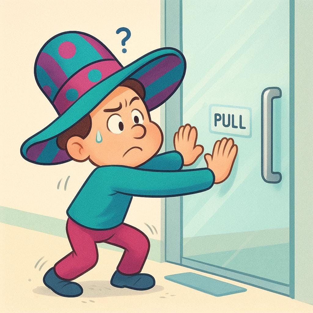 A cartoonish character with a confused expression strongly pushing a glass door that clearly has a handle indicating it should be pulled open, symbolizing foolishness.