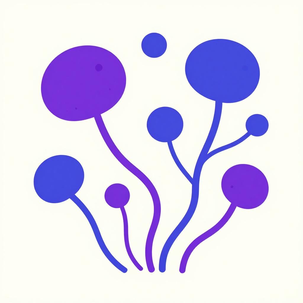 A microscopic view of colorful, rounded fungal spores and branching filaments.