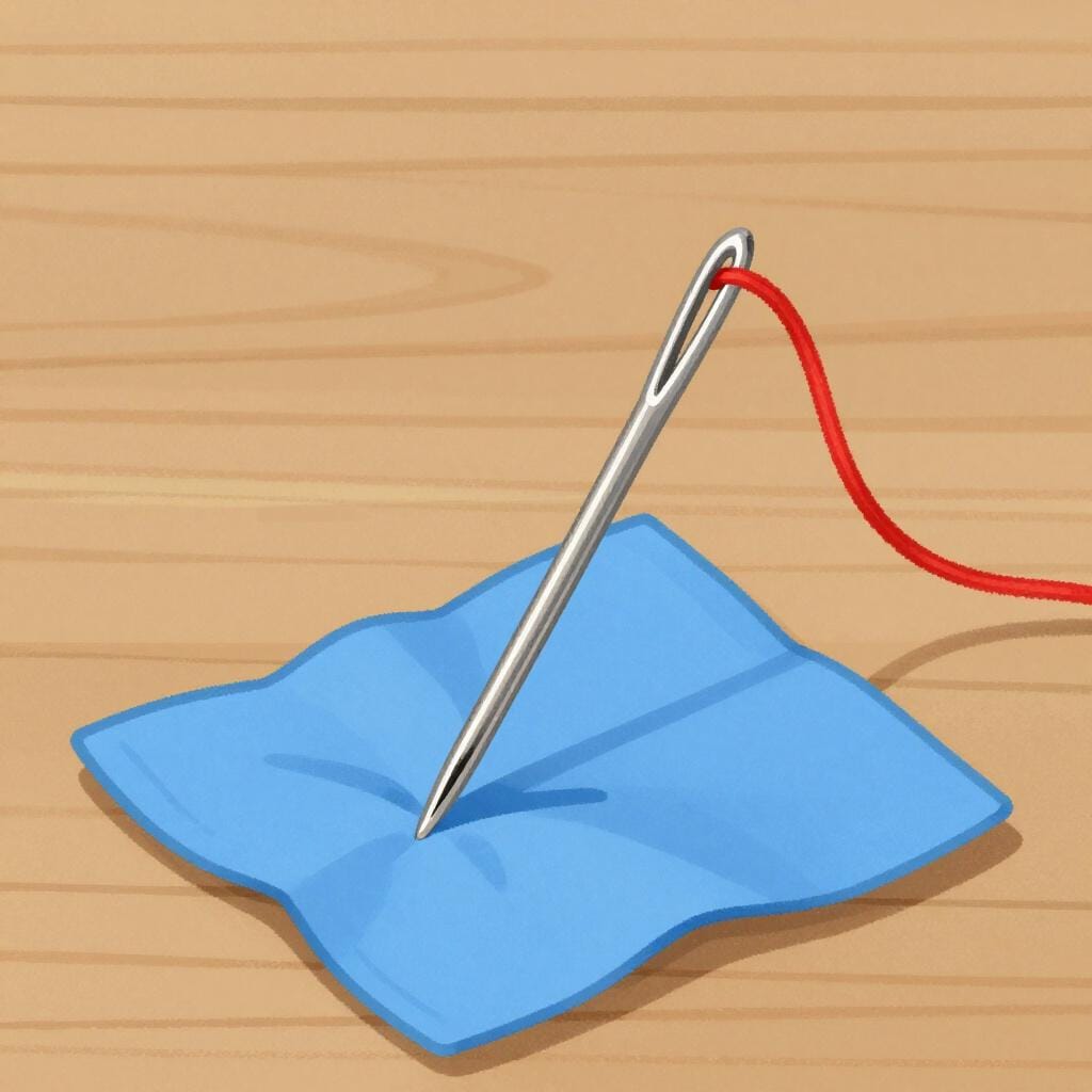 A wooden table with a ball of yarn, a silver needle, and a piece of fabric.