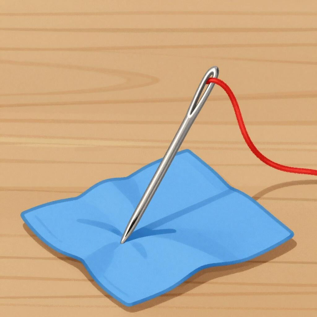 Ein Holztisch mit einem Wollknäuel, einer silbernen Nadel und einem Stück Stoff.