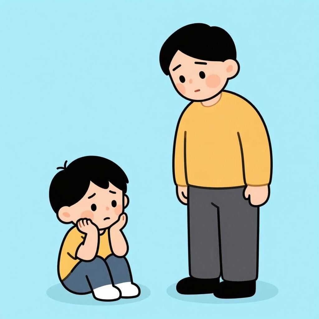 Un adulte faisant la leçon à un enfant qui a l'air ennuyé, assis sur une chaise avec la tête appuyée sur la main.