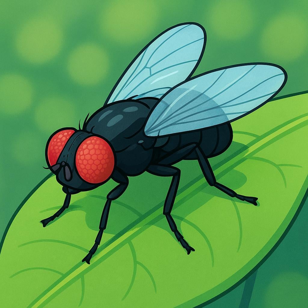 A close-up illustration of a single large black housefly with prominent red compound eyes and transparent wings, resting on a bright green leaf.