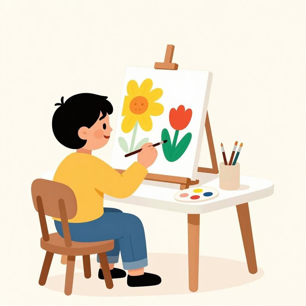 Un enfant peignant joyeusement un paysage coloré sur une toile.