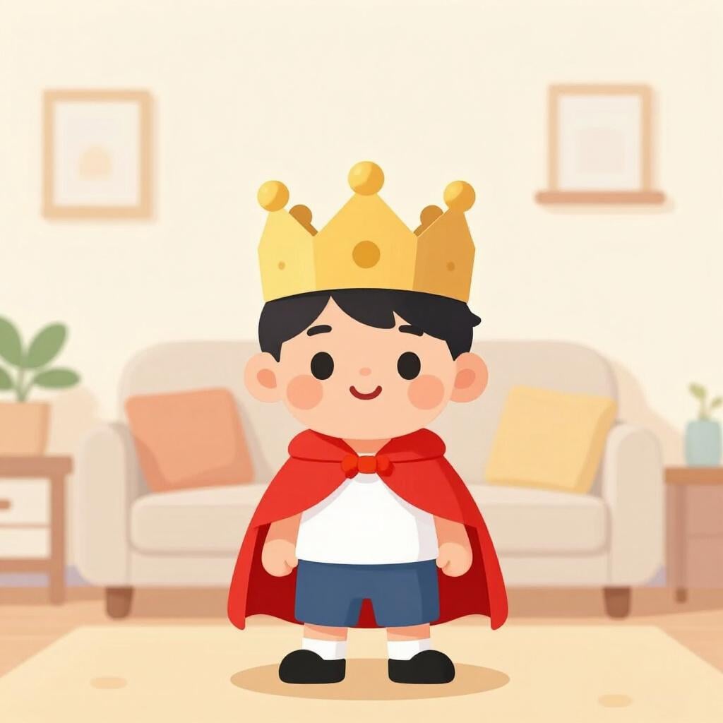 Un enfant portant une couronne en carton et une cape rouge, faisant semblant d'être un roi.