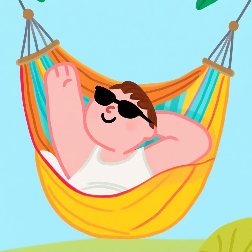 A happy person lounging comfortably in a brightly colored hammock on a sunny day, representing a relaxed attitude or 'mode'.