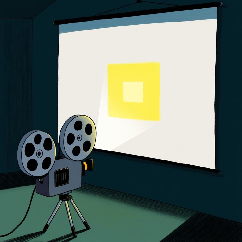 Um projetor de filme vintage projetando um feixe quadrado brilhante em uma grande tela branca em um ambiente de cinema escuro.