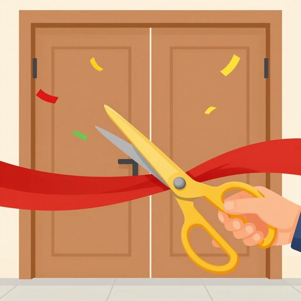 A person cutting a wide red ribbon with large golden scissors in front of a new building entrance.