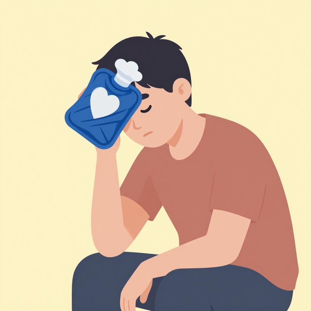 A person sitting on a bench holding an ice pack to their head.