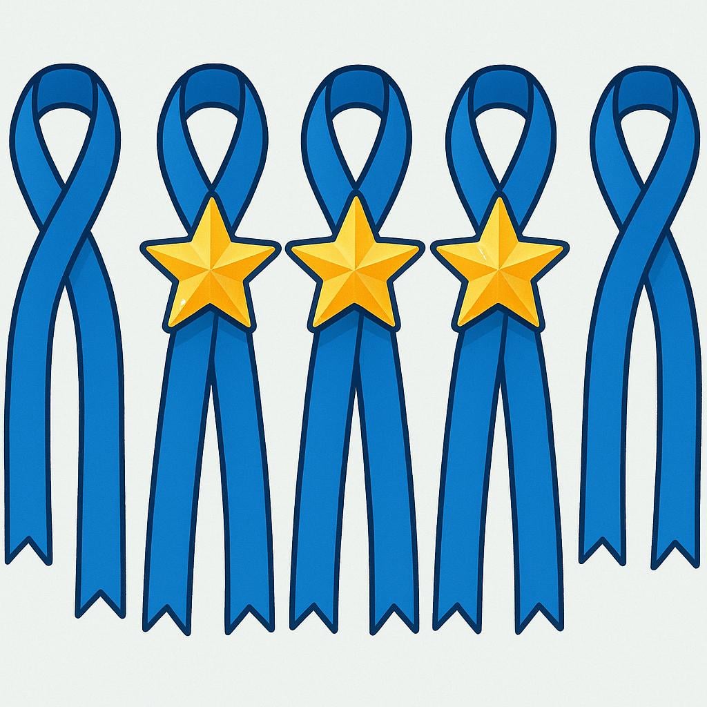 A row of five ribbons, where the three central ribbons are decorated with large golden stars, symbolizing that they are the absolute 'best' ones.