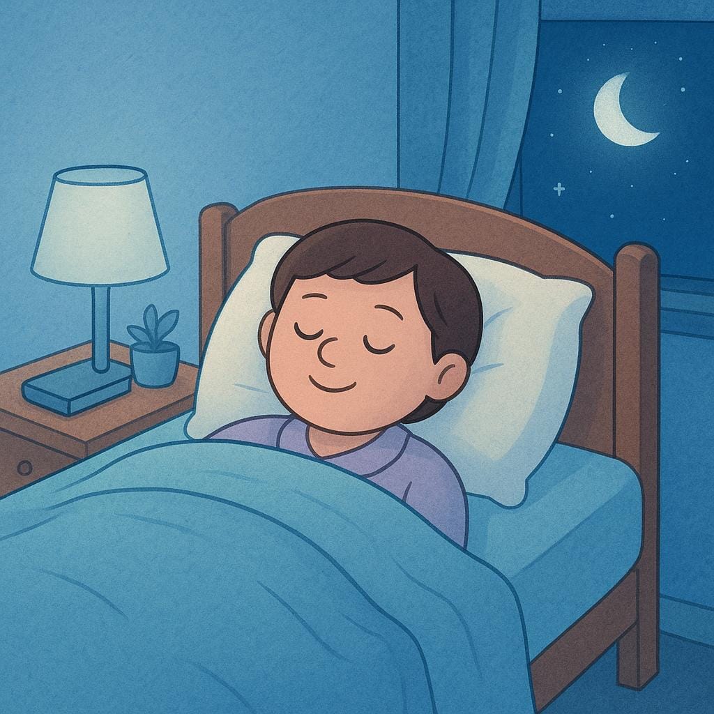 Uma ilustração aconchegante de uma pessoa dormindo pacificamente em uma cama confortável com um cobertor azul macio.