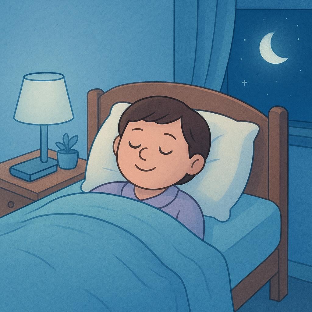 A cozy illustration of a person peacefully sleeping in a comfortable bed with a soft blue blanket.