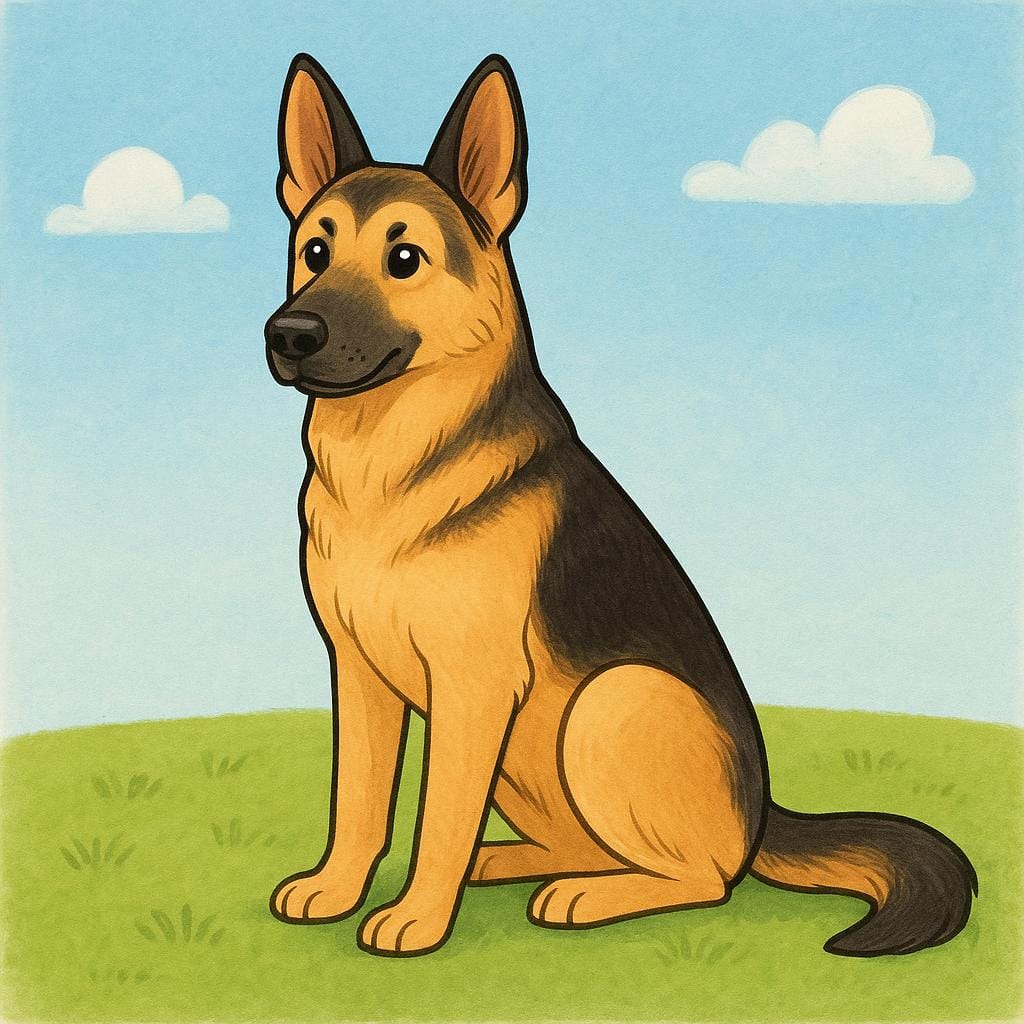 A large, alert German Shepherd dog with tan and black fur sitting on a lawn.