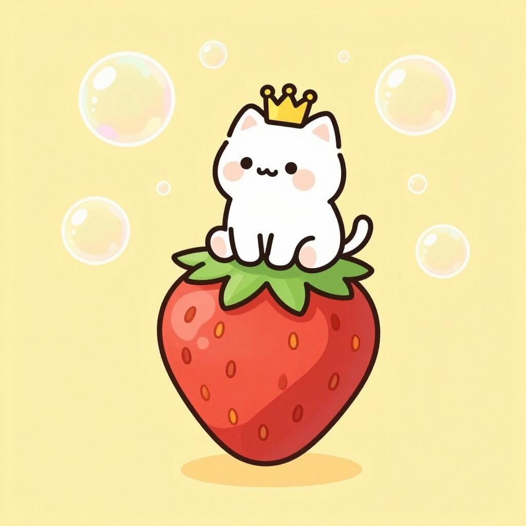 Une scène fantaisiste d'un chat portant une couronne et chevauchant une fraise géante flottante.