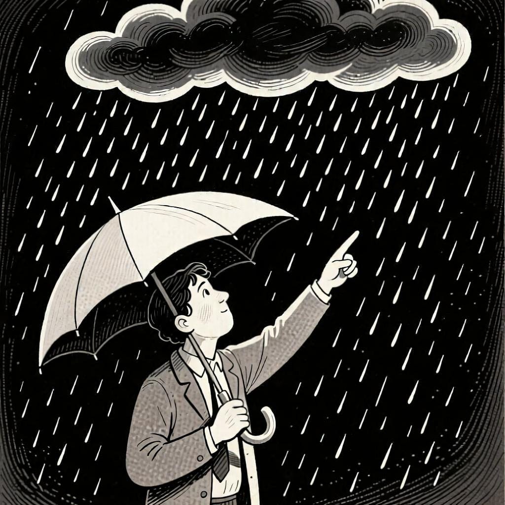 A person holding an open umbrella and pointing up at a single dark rain cloud above them, explaining the reason for the umbrella.