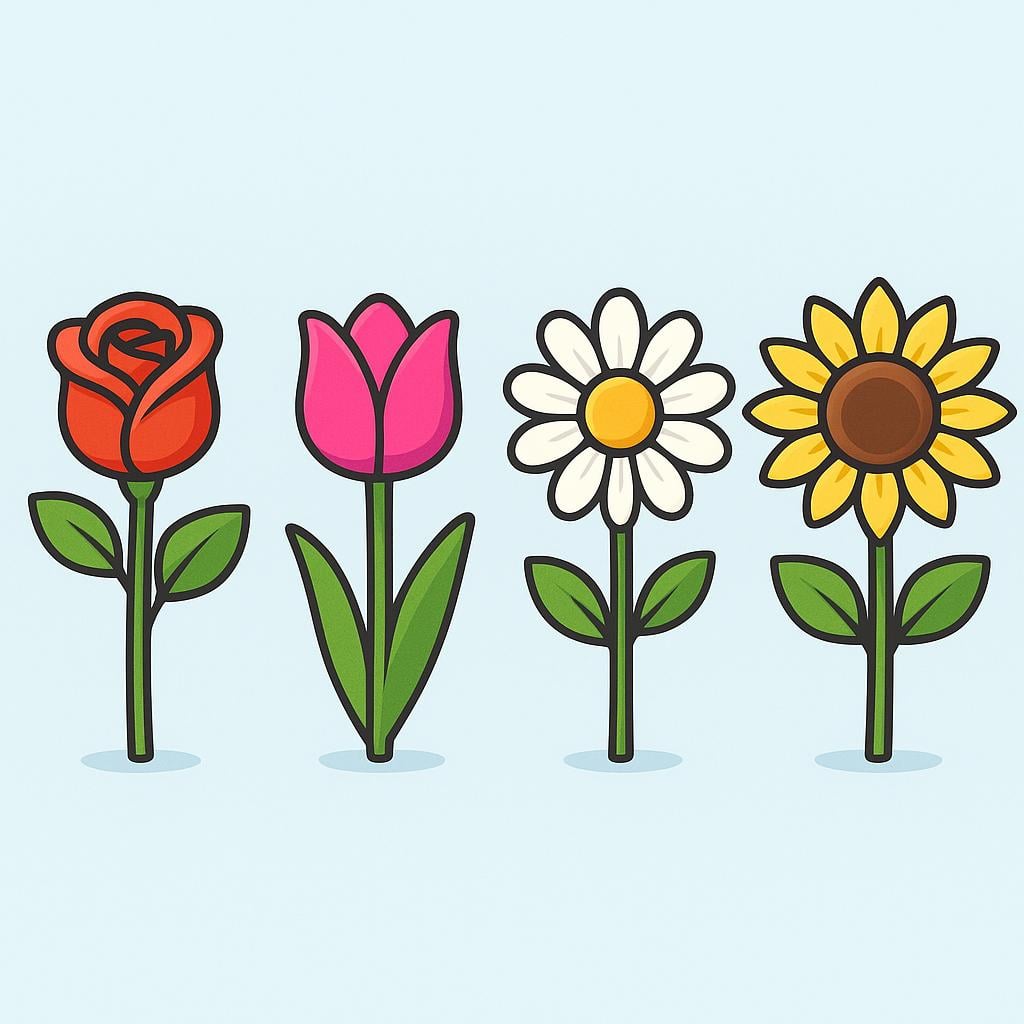 A storybook illustration depicting four distinct types of simple, brightly colored flowers: a red rose, a yellow tulip, a white daisy, and a large orange sunflower, illustrating variety.