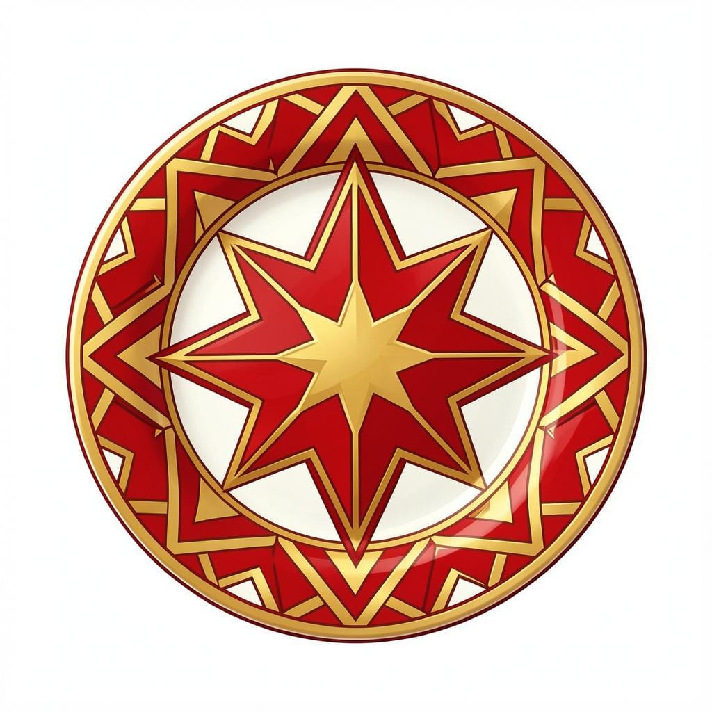 A classic vintage red and gold decorative plate with traditional patterns from the Soviet era.