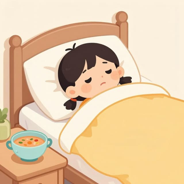 熱のある子供がベッドで休んでおり、そばにはスープのボウルがある。