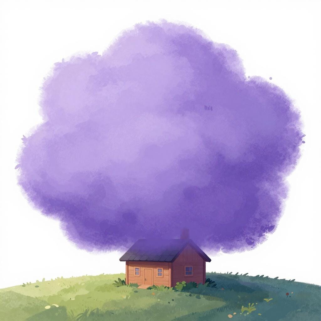 Una nuvola viola massiccia e amichevole che avvolge delicatamente una piccola casa.