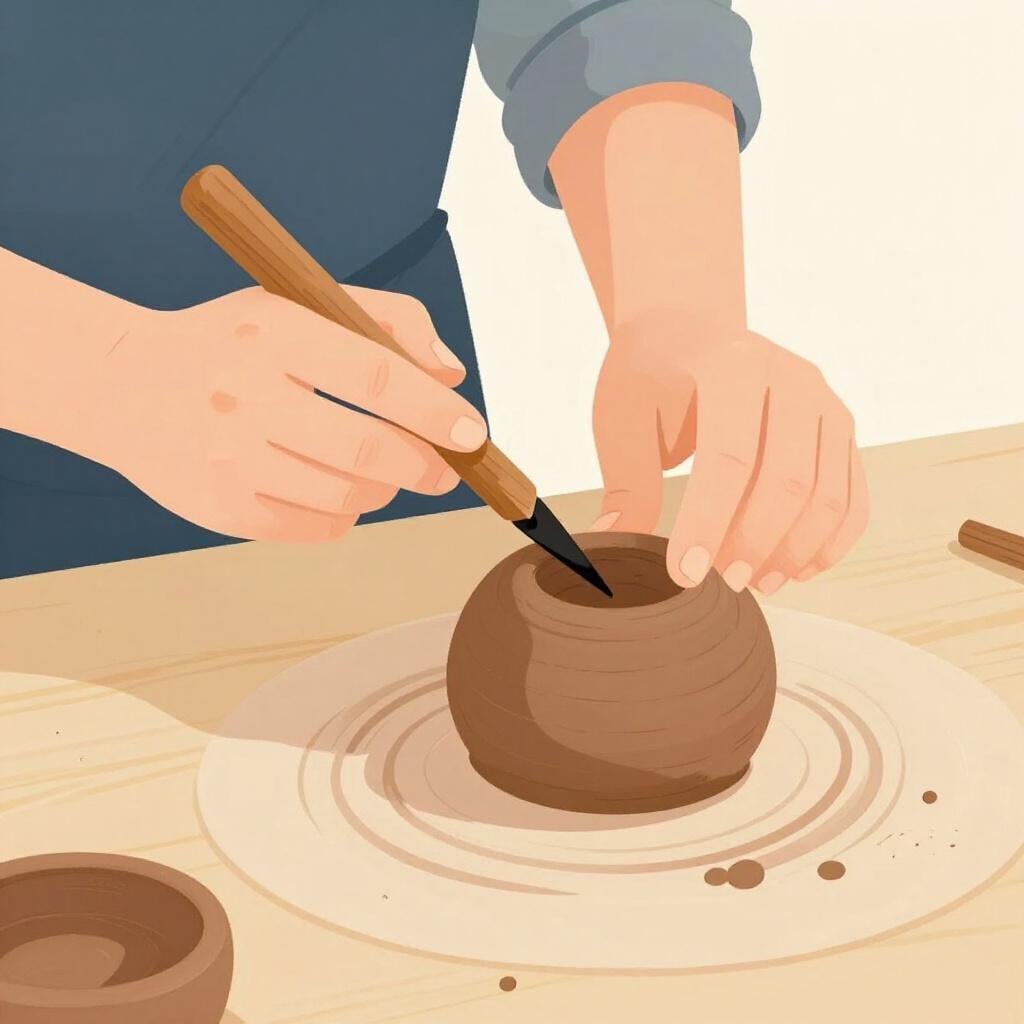 An artist using a small tool to shape a clay figure on a workbench.