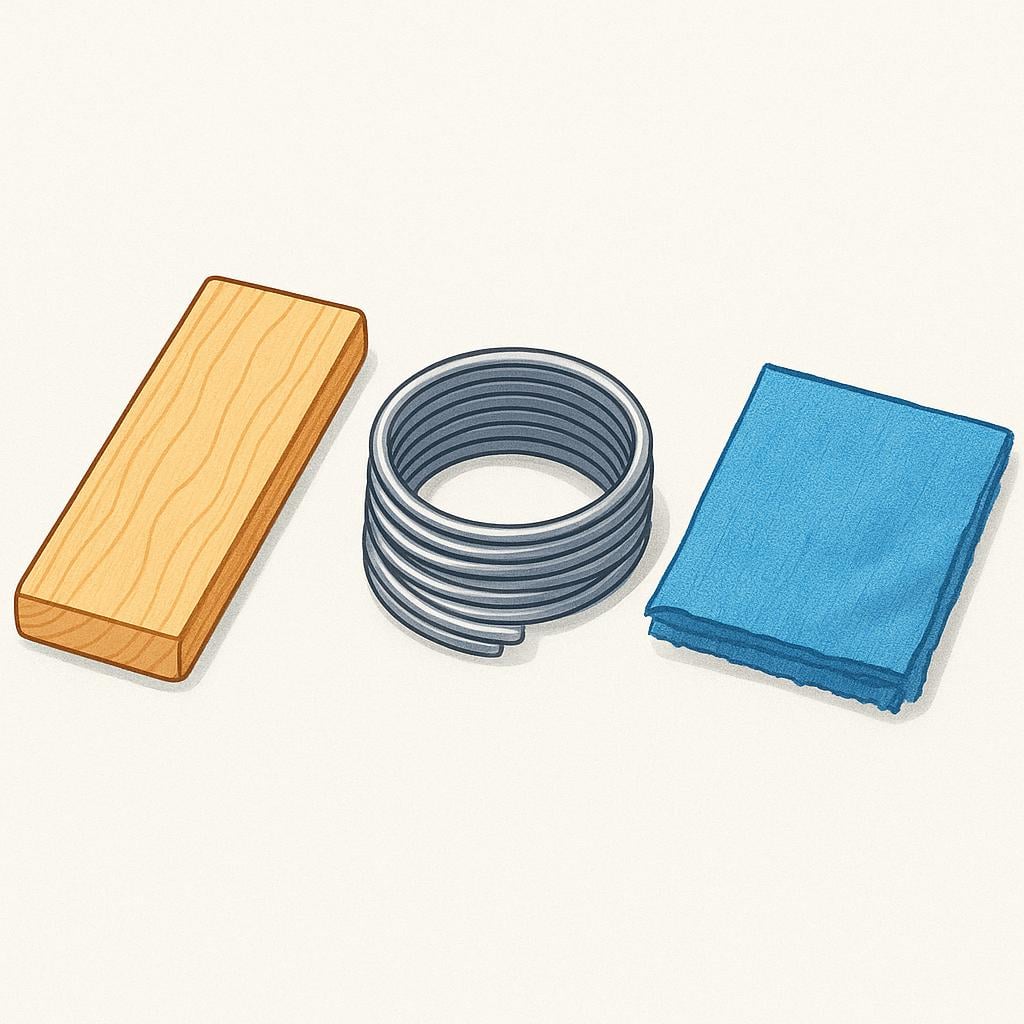A colorful storybook illustration showing three distinct raw materials stacked neatly: a wooden plank, a coiled metal wire, and a swatch of blue fabric.