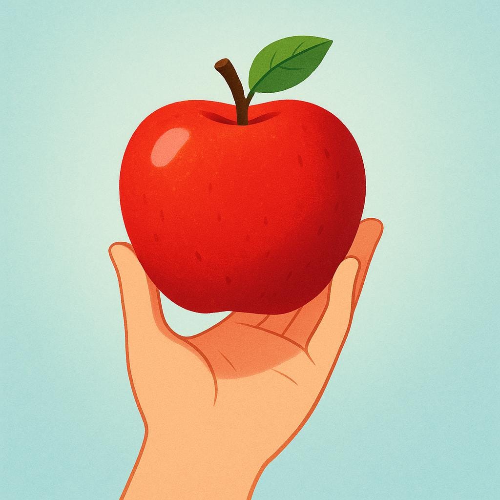 A hand holding up a single, bright red apple against a plain background, clearly displaying the object for others to see.