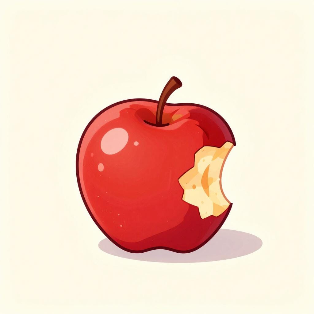 Een helderrode appel met een duidelijke hap eruit aan de zijkant.