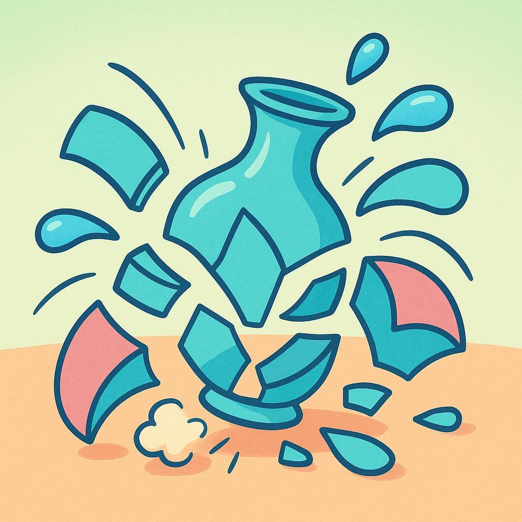 A colorful glass vase shattering into several large pieces as it hits the ground.